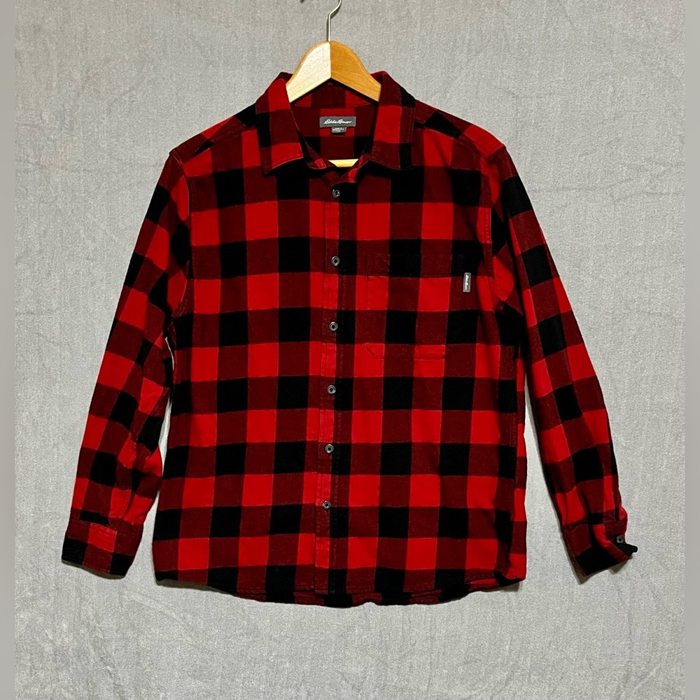 Eddie‎ Bauer Buffalo Red Black Checkered Button Flannel Shirt Men’s Size Large - Picture 8 of 8